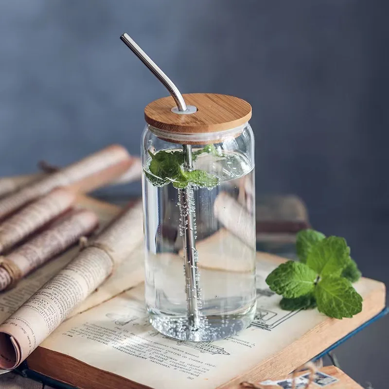 Iced Coffee Glass Cup with Bamboo Lid and Straw | 550ml/470ml Beer Can Glass with Lids and Straw | Camping Cup | Can Shaped Glass Soda Can Cup 