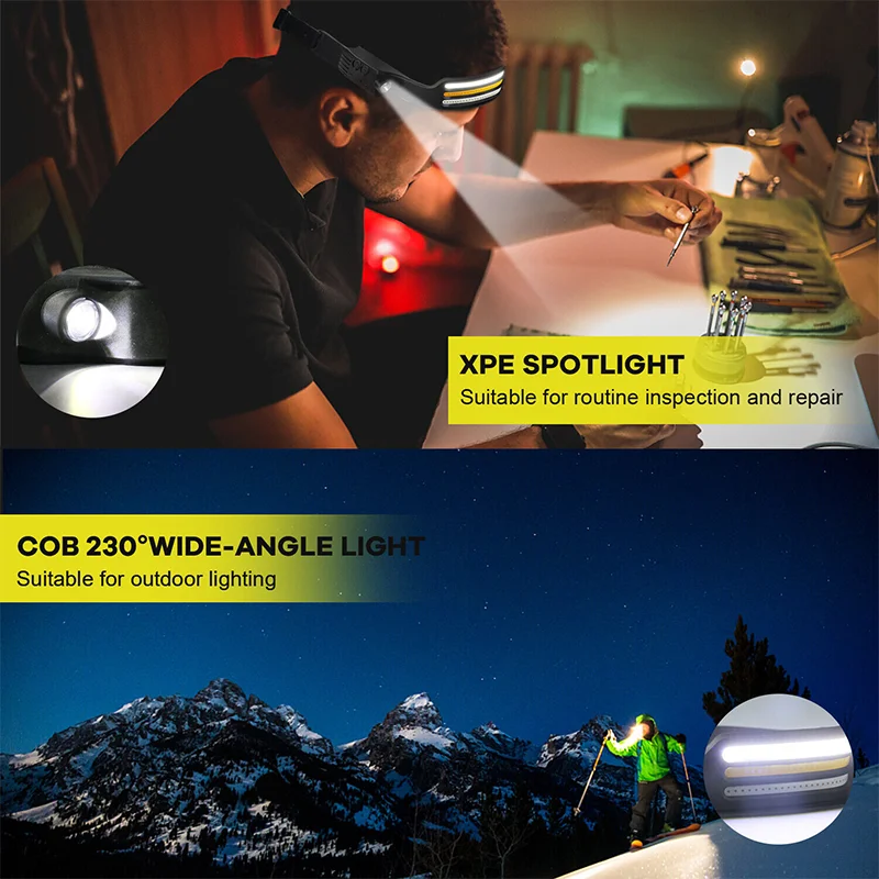 Mini lampe frontale LED avec capteur puissant, Rechargeable par USB, XPE + COB, faisceau lumineux, torche pour recherche et Camping image 6 Mini lampe frontale LED avec capteur puissant, Rechargeable par USB, XPE + COB, faisceau lumineux, torche pour recherche et Camping - S4192733ee81b472692ab3268b01a30f8f