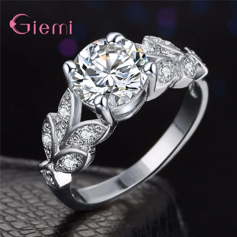 Silver Rings 925 Sterling Vine Leaf Design Engagement Cubic Zircon for Women Ladies Wedding Jewelry