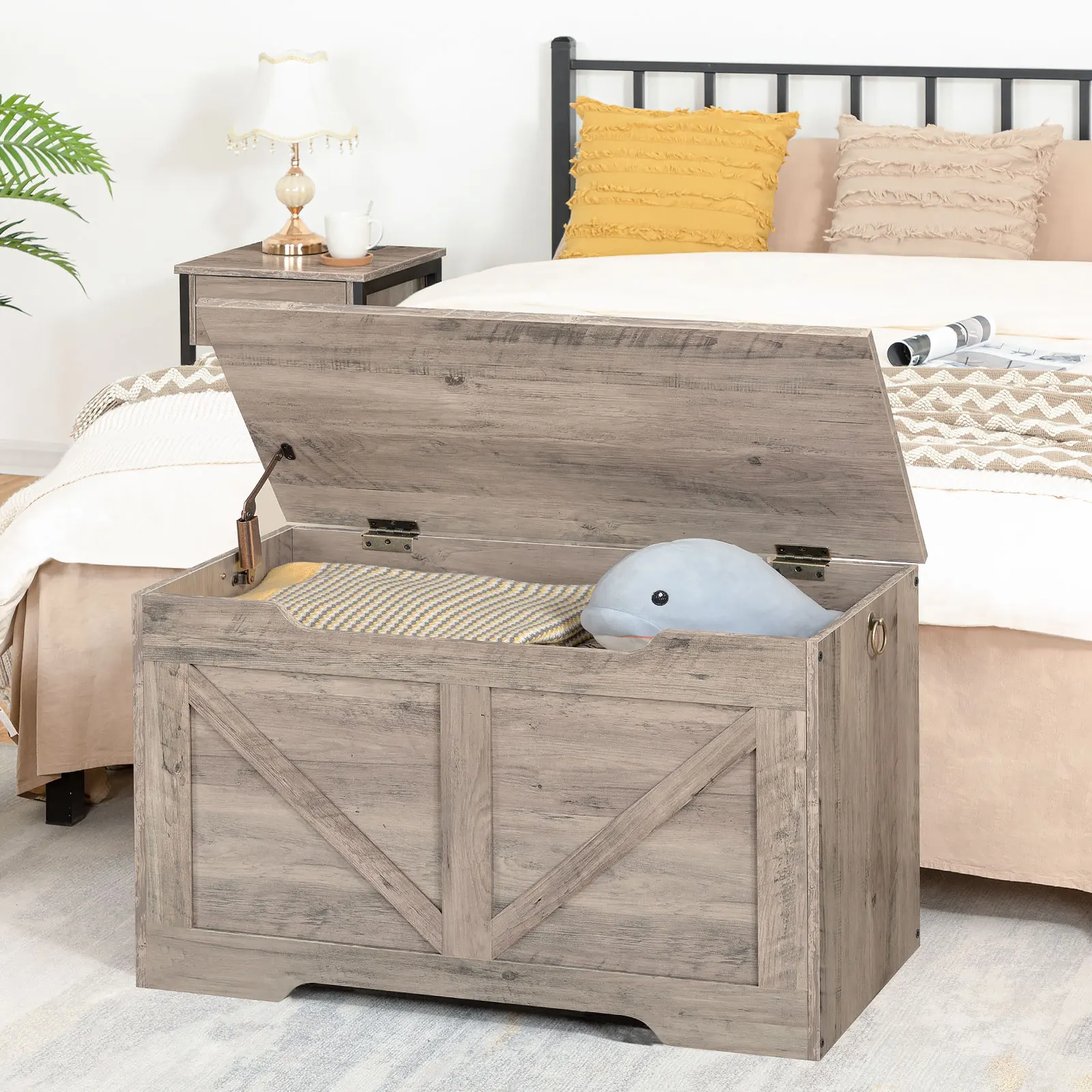Storage Bench, 29.5&rdquo; Retro Wooden Storage Chest with U-Shaped Cut-Out Pull, Safety Hinge, Easy Assembly for Toy Box Organizer