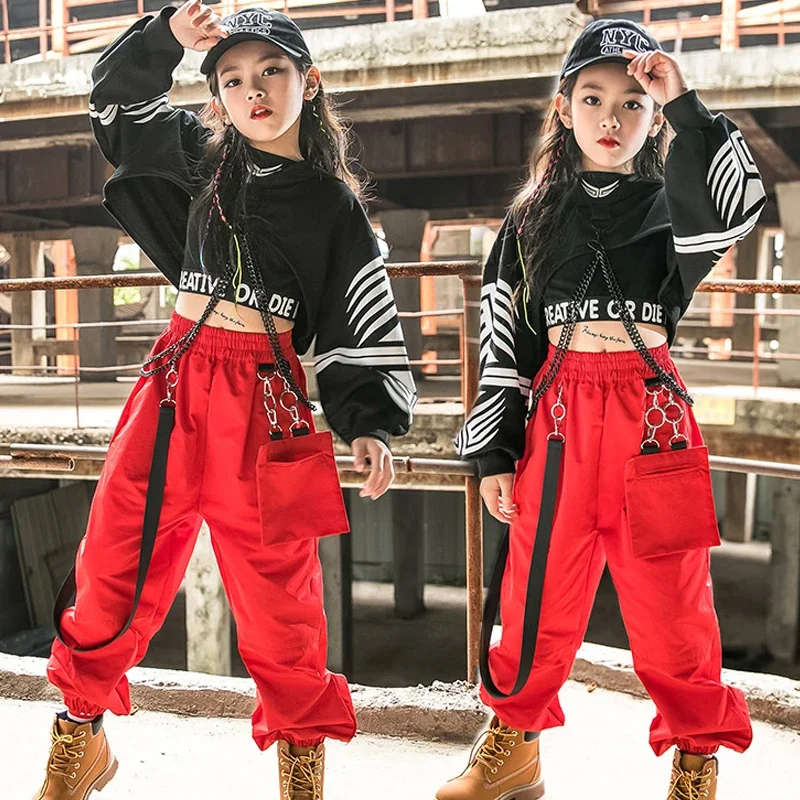 

Hip Hop Clothing Girls Jazz Dance Costume Long Sleeve Black Tops Red Cargo Pants Kids Hip Hop Performance Wear Rave Clothes