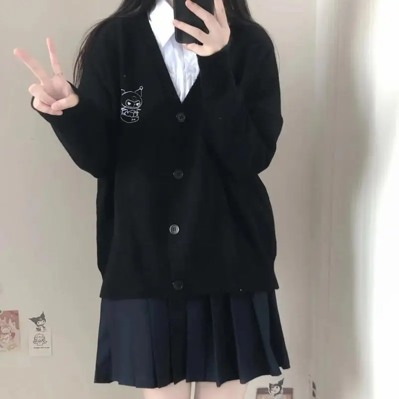 

Kawaii Sanrio Kuromi Cute Cartoon Women's Sweater Japanese Embroidered Sweater V-Neck Jk Coat Autumn Winter All-Match Cardigan