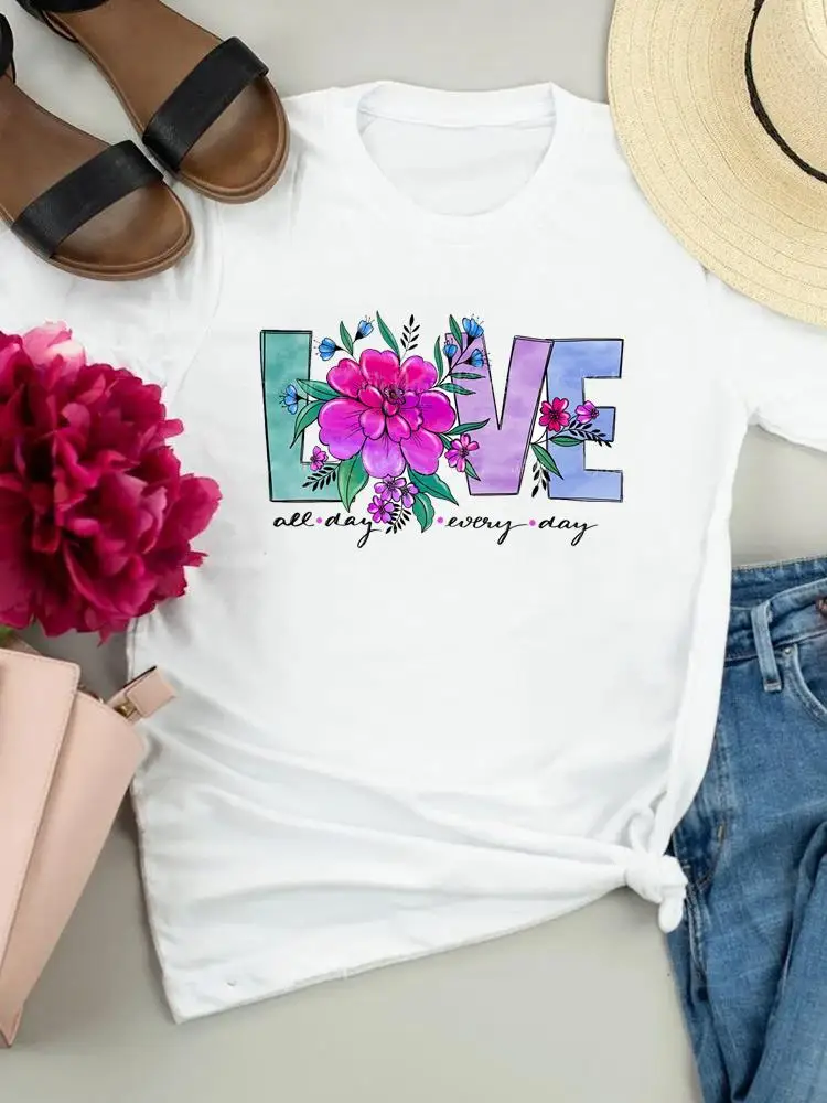 

Футболка женская с коротким рукавом, милая рубашка с принтом в виде надписи Love, с цветочным принтом, в стиле 90-х, модная одежда с графическим принтом, весна-лето