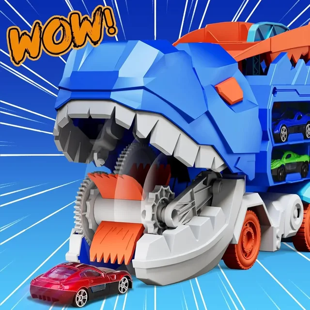Transport Dinosaur Truck With Portable Foldable Sliding Race Track Transforms Into Standing T-rex With Alloy Die-cast Cars Gifts 2