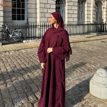 Zahraa Muslim Autumn Winter Corduroy Modest Abaya Turkish Islamic Clothing Jalabiyat Long Sleeve Casual Loose Moroccan Kaftan 1