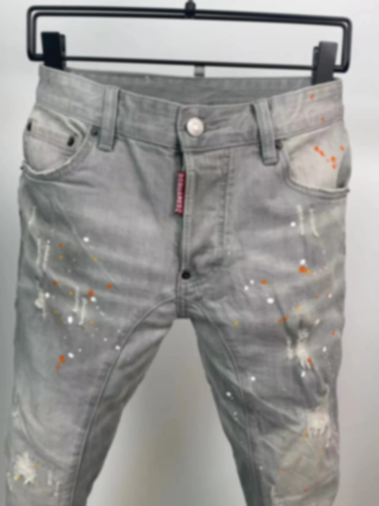 2024 New D2 Jeans Trendy Men's Broken Pants Fashion Slim Fit Elastic Broken Patch Zipper Broken Ink Feet Pants