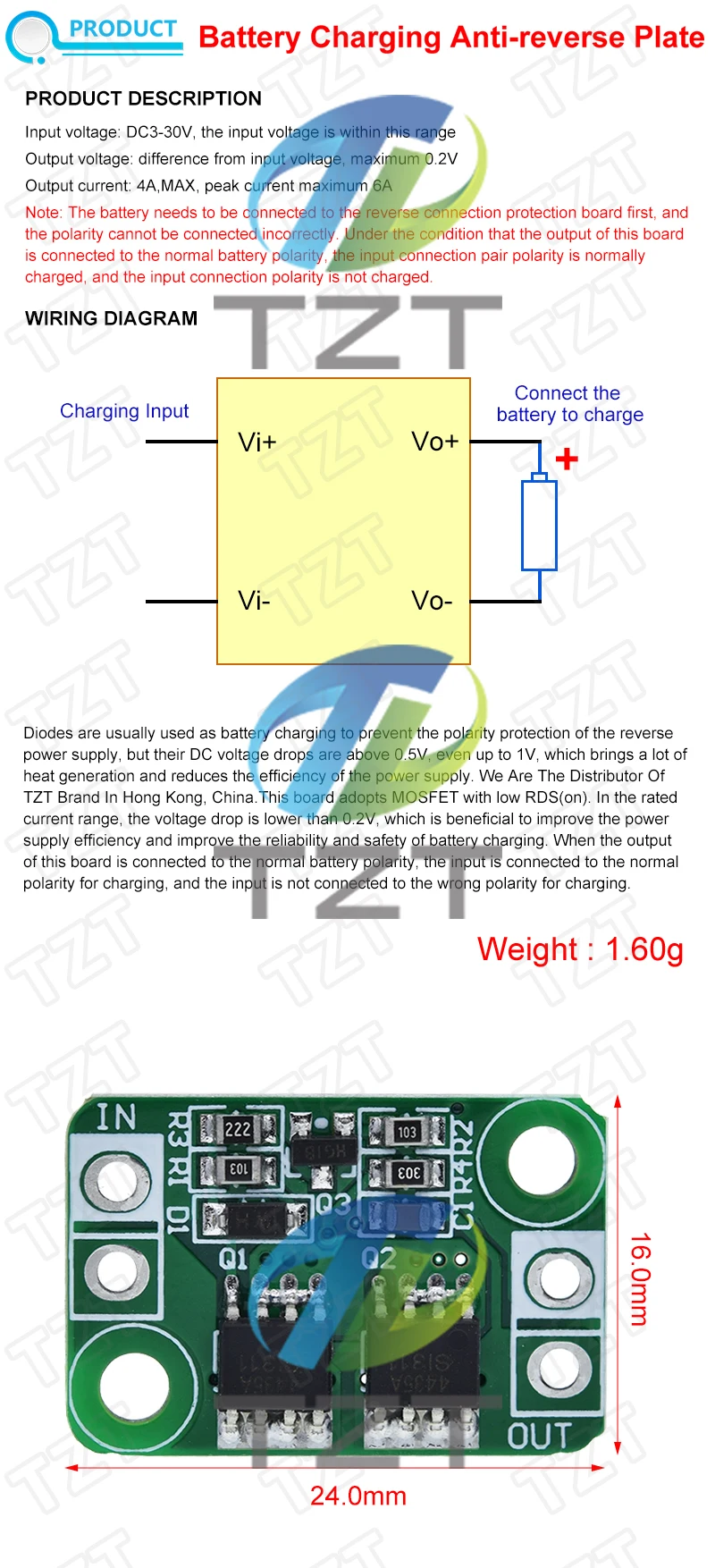 DC 3–30 V 4 A Anti-Reverse-Verbindung, Stromschutzplatine zum Laden der Batterie, ideales Diodenmodul, verhindert umgekehrte Polarität – Detail 1