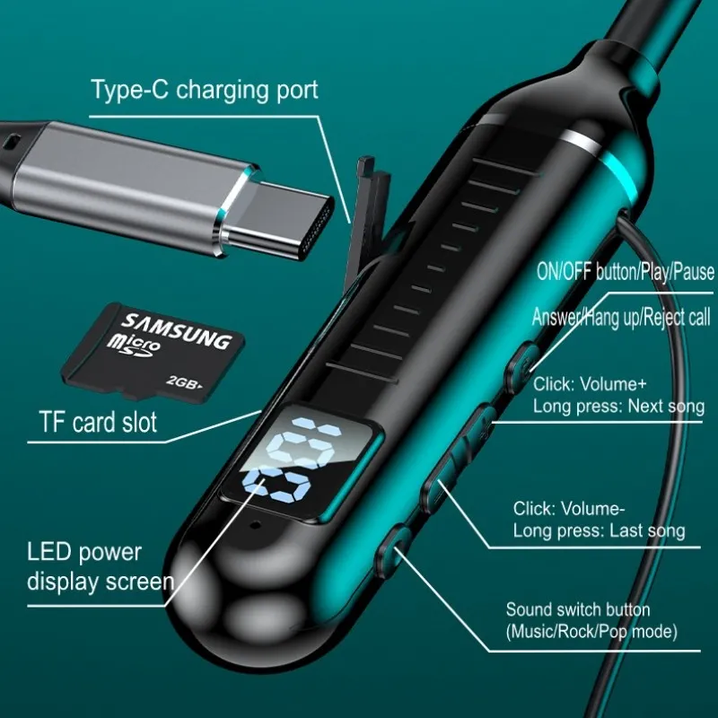 Спортни слушалки с лента за врат Bluetooth слушалки Игри LED дисплей на батерията Безжичен микрофон Стерео HIFI TWS Поддръжка на слушалки TF карти
