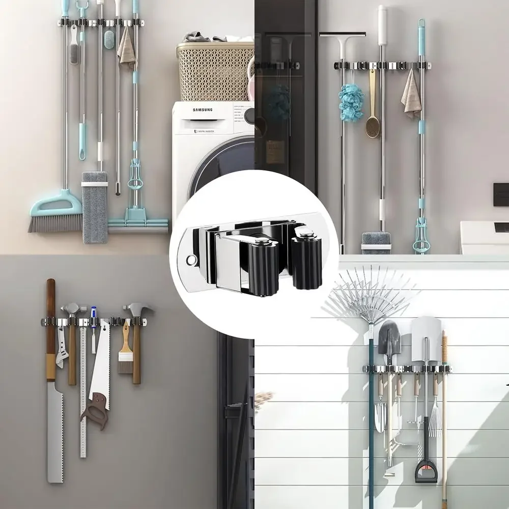Description Picture 6 of item304 Stainless Steel Mop Broom Holder Wall Mounted Strong Self-Adhesive Kitchen Bathroom Waterproof Multi-Purpose Hanger Hook