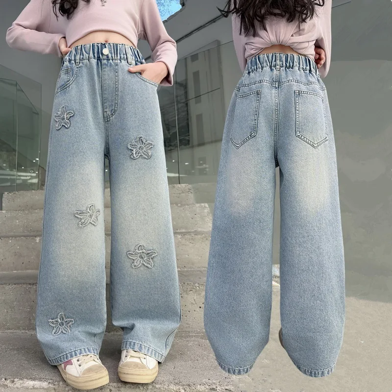 아메리칸 레트로 키즈 꽃무늬 아플리케가 있는 여아용 패션 밴딩 데님 팬츠 아동 와이드 레그 청바지