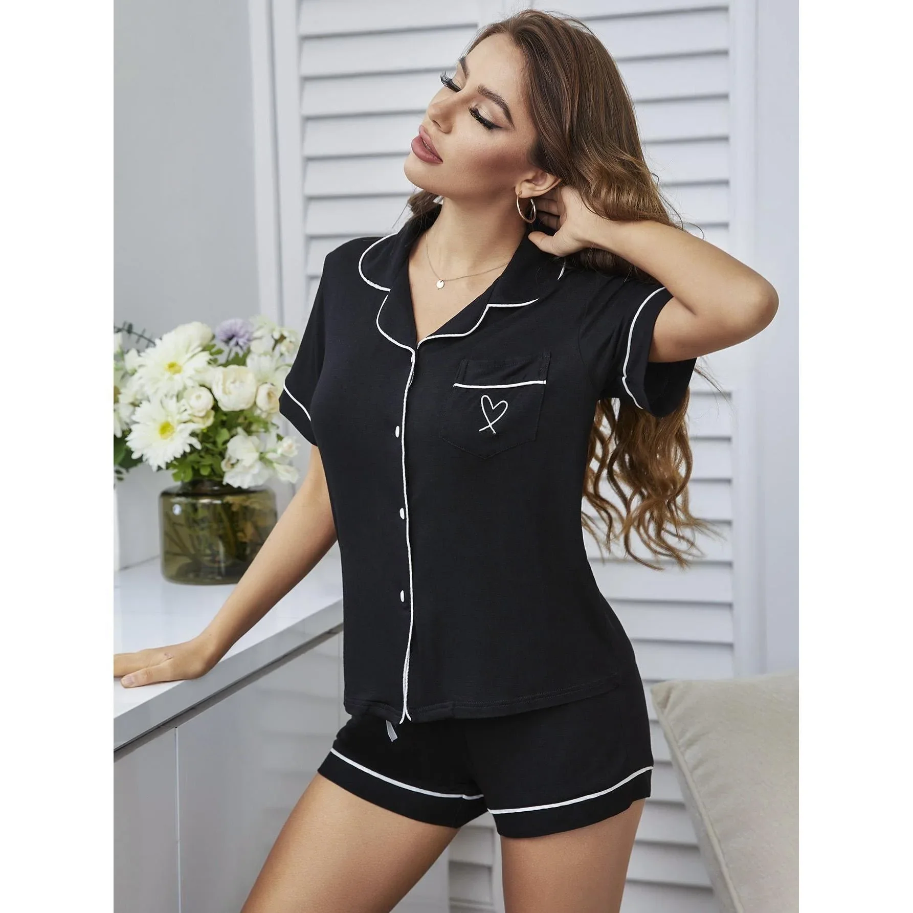 New Sexy 2Pcs Pajamas Sets Summer Cotton Short Sleeve Shirts+Pants Homewear Sleepwear Nightwear Black Solid Women's Pajamas