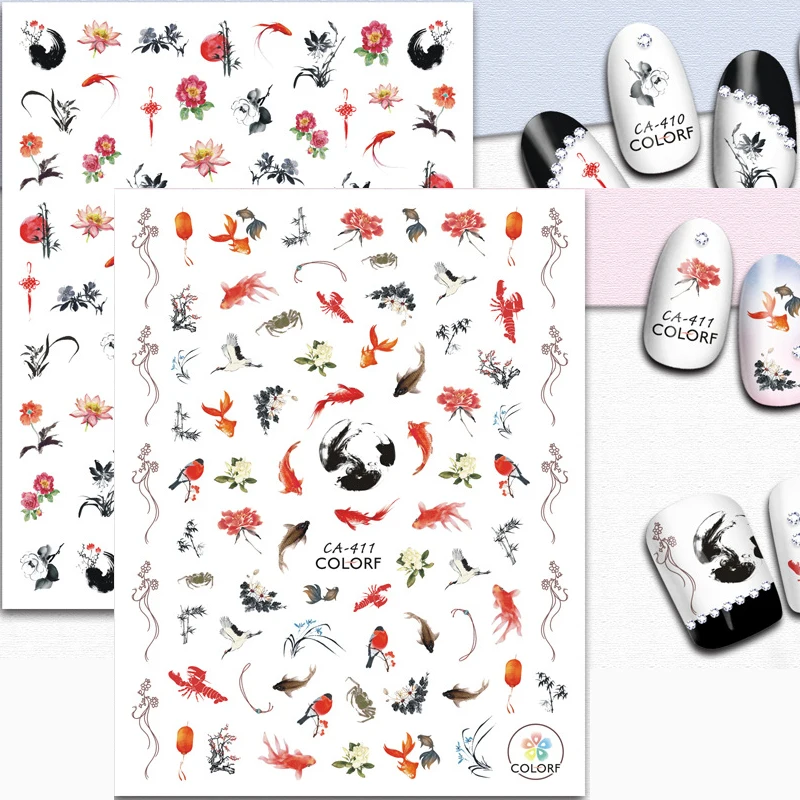 

Back Glue Nail Stickers Elegant Floral Chinese style carp good luck elegant flowers Nail Decal Stickers For Nail Tips