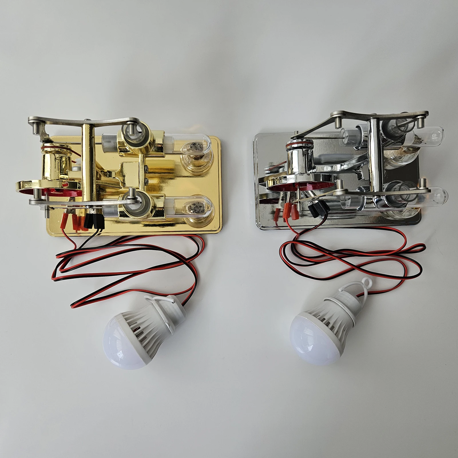 【New】Hot Air Stirling Engine Electricity Generator Motor Physical Dual Engine Model with LED Bulb Dollar Flywheel Design DIY Toy