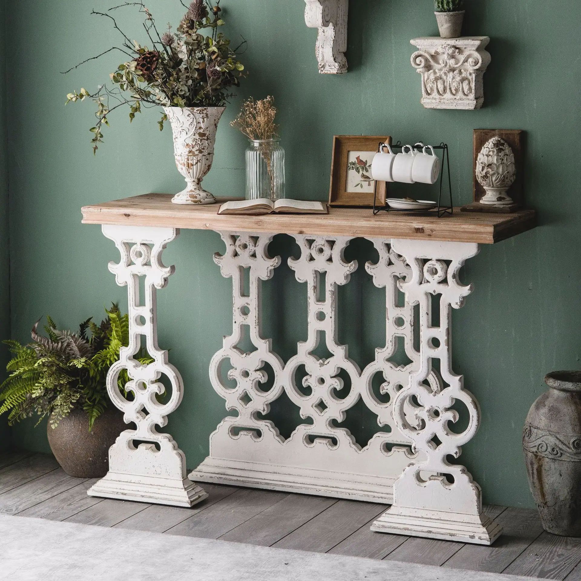 Vintage Farmhouse Console Table 120cm Fir Wood Top White Carved Legs Entryway Sofa Table