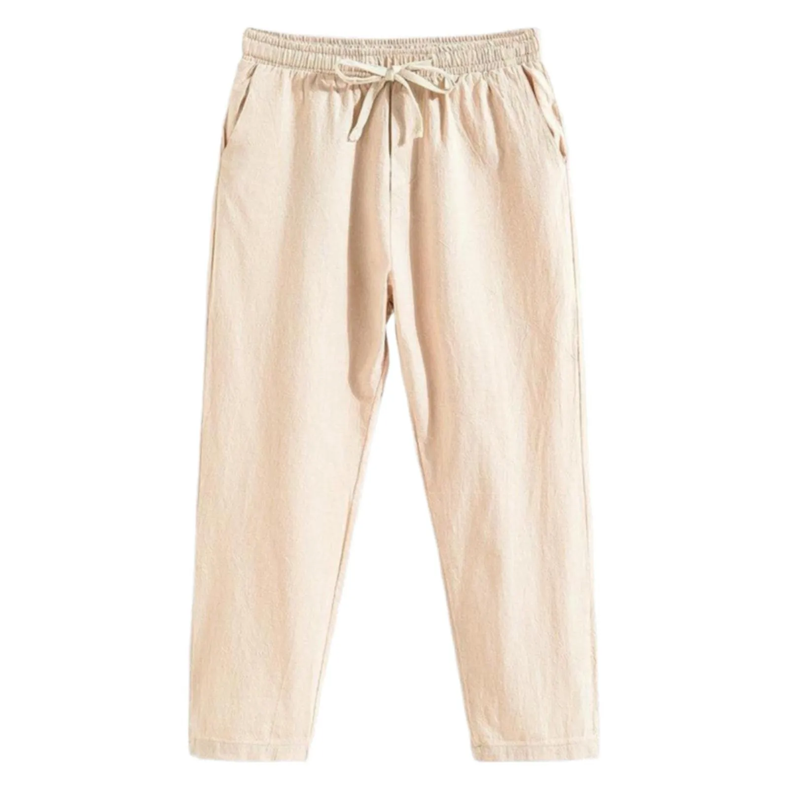 

Брюки мужские с двойными карманами, свободные спортивные штаны из хлопка и льна, на шнуровке, однотонные, весна-лето