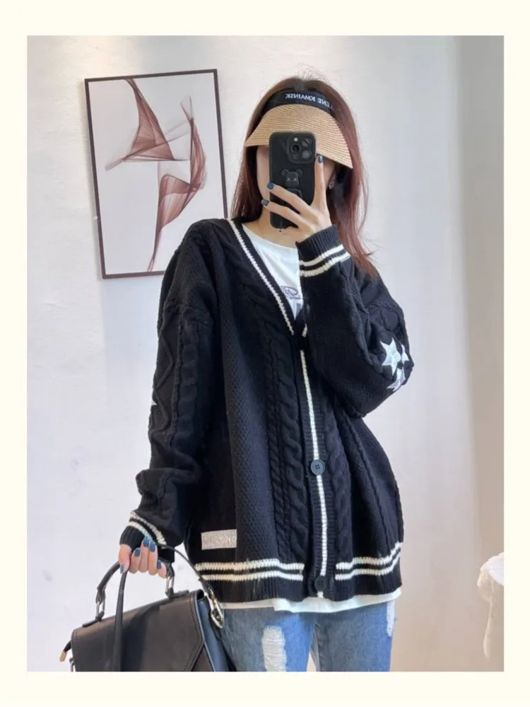 Vintage Star Print Knitted Cardigan Women's Sweaters Preppy Cute Button Up V Neck Long Sleeve Loose Coat Autumn Y2K Sweater 2