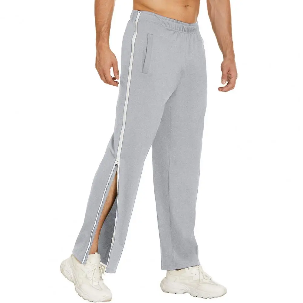 Mid-Rise Men Sweatpants Elastic Waistband Pockets Splicing Color Wide Leg Pants Side Zipper Tear Away Basketball Pants