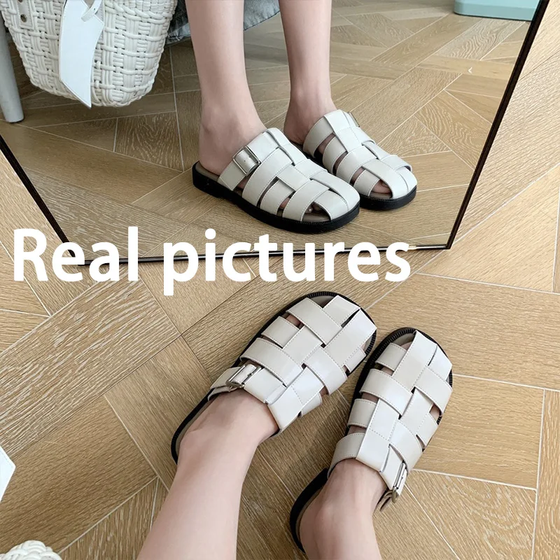 

Сандалии женские летние из натуральной кожи, босоножки на плоской подошве, плетеные модные туфли с перфорацией в римском ретро стиле