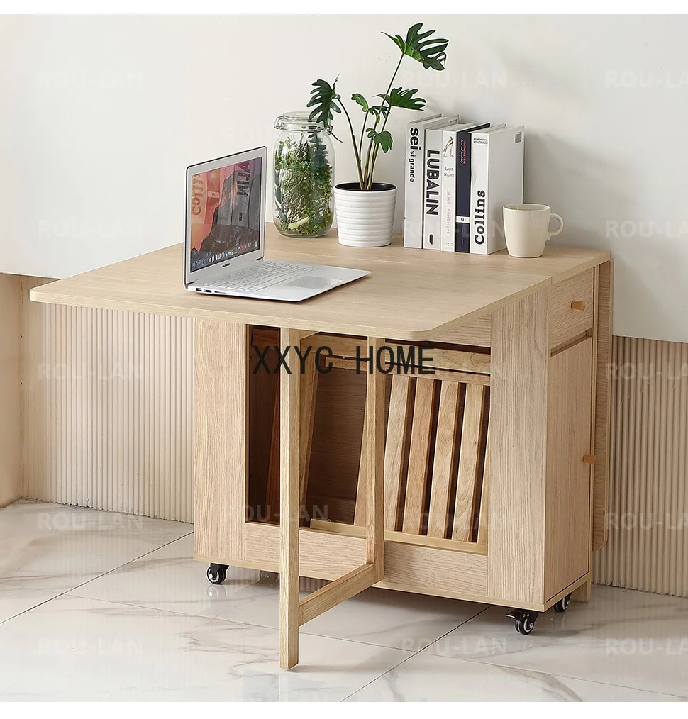 

Folding Dining Table with 2 Drawers and 4 Wheels for Living Room,Kitchen, Farmhouse, Space Saving Table