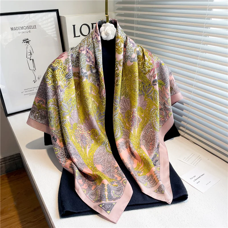 90*90cm Retro Bedruckter Quadratischer Schal Damen Luxus Seidenschals Bandanas Sommer Reise-Umhang Elegant Hijab Halstuch für Damen – Detail 9