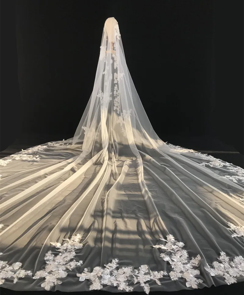 White Ivory Real Photo 3m 4m 5m Long Wedding Veil With Comb Lace Bridal Veils Appliqued Cathedral Wedding Veil velos de novia