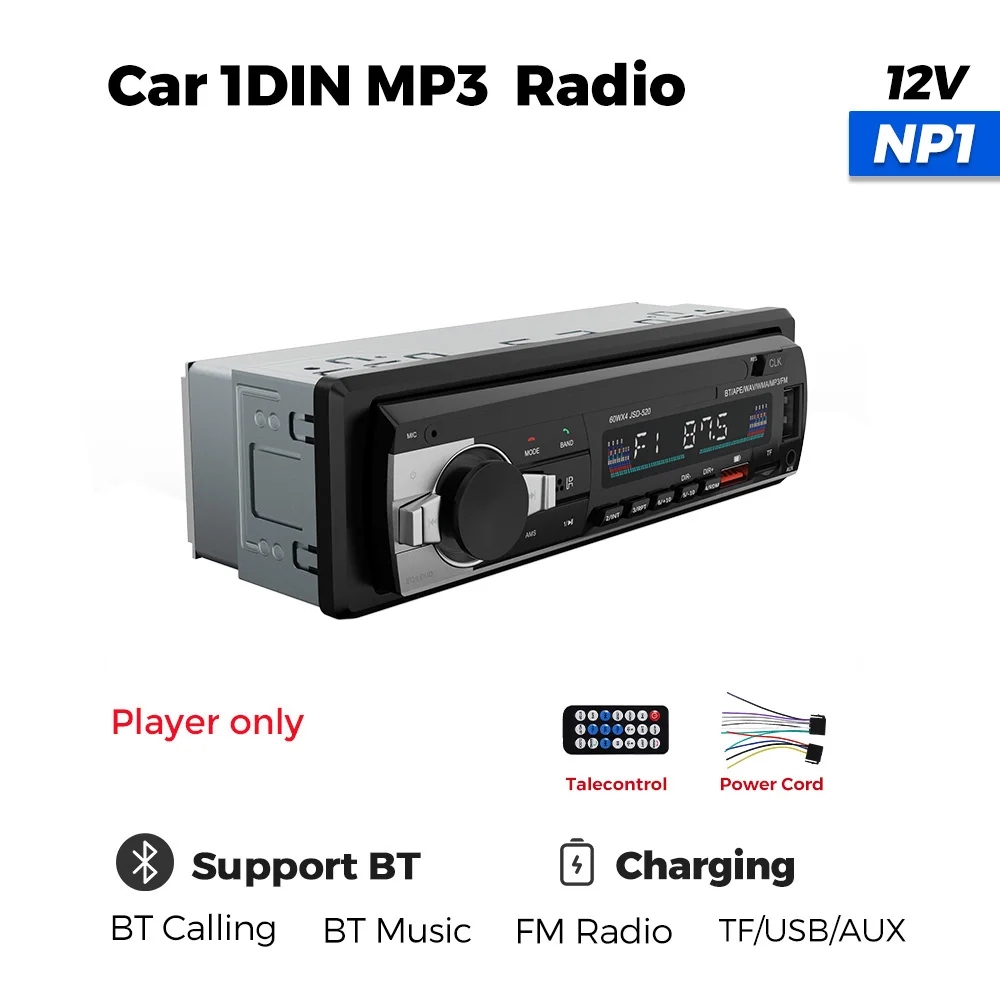 자동차 라디오 스테레오 MP3 플레이어, 디지털 BT 자동차 멀티미디어 플레이어, 오디오 음악, USB SD, 대시 AUX 입력 포함, 1 딘