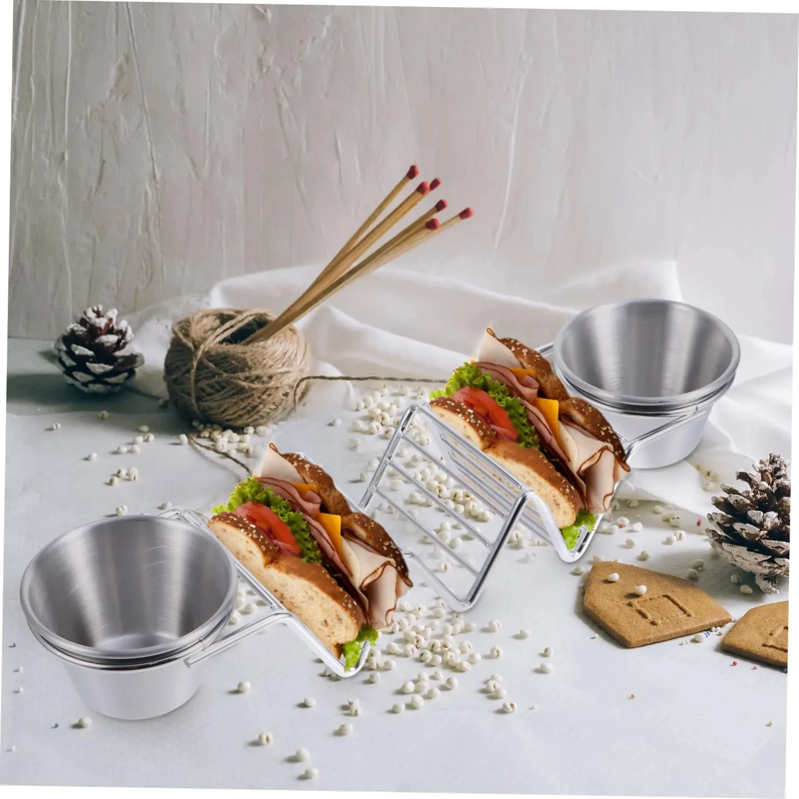 Stainless Steel Pancake RackTaco HolderPizza Display Stand,Spring Roll Food Rack,With Double-Sided Seasoning Cups for Restaurant