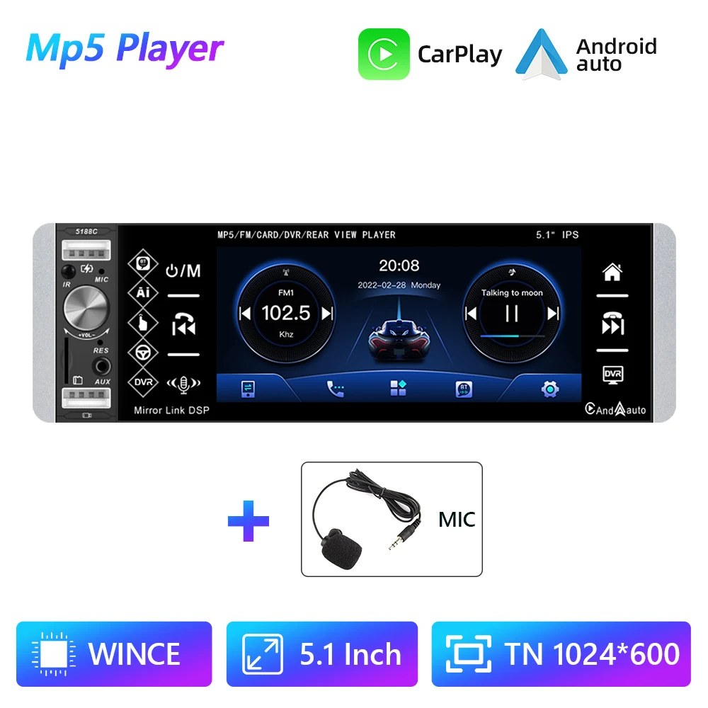 pioneer car audio Podofo 1din MP5 Player Touch Car Radio RDS AM FM 4-USB 5.1 Inches Support Android Mirrorlink Bluetooth Carplay Autoradio DVR car audio installation near me Car Radios