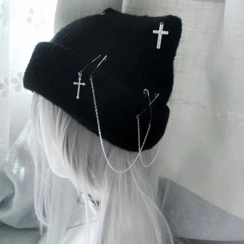 Gothic Knitted Beanie Hat For Women Y2K Cat Ear Hat Handmade Crochet Skull Hat Female Teens Subculture Headwear_voghion.com