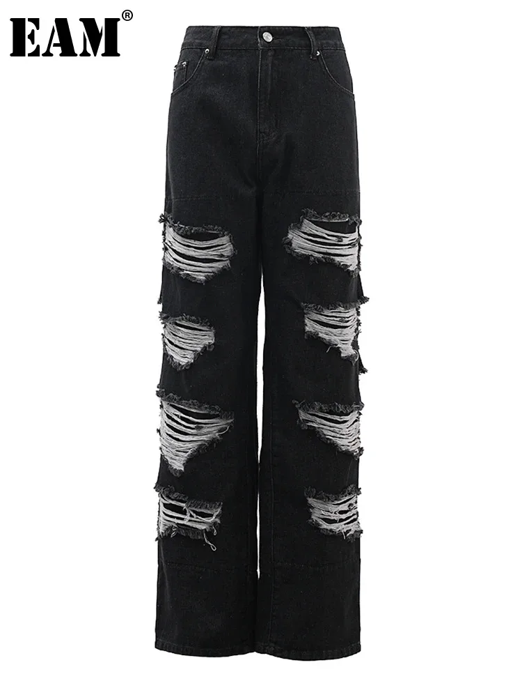 

Женские джинсы с завышенной талией EAM, Черные Длинные повседневные широкие джинсы с дырками, весна-осень 2024