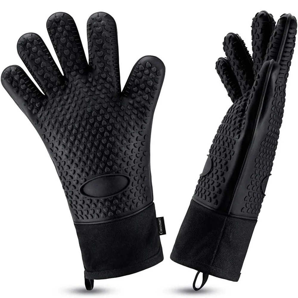 Long Thick Silicone Gloves Heat-resistant Non-slip Microwave Oven Mitts Kitchen BBQ Baking Cooking Canvas Stitching Oven Gloves silicone oven mitts kitchen gloves silicone oven gloves