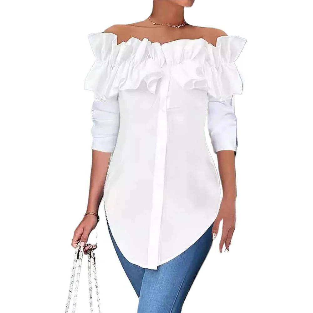 Women Long Sleeve Ruffle Button Blouse