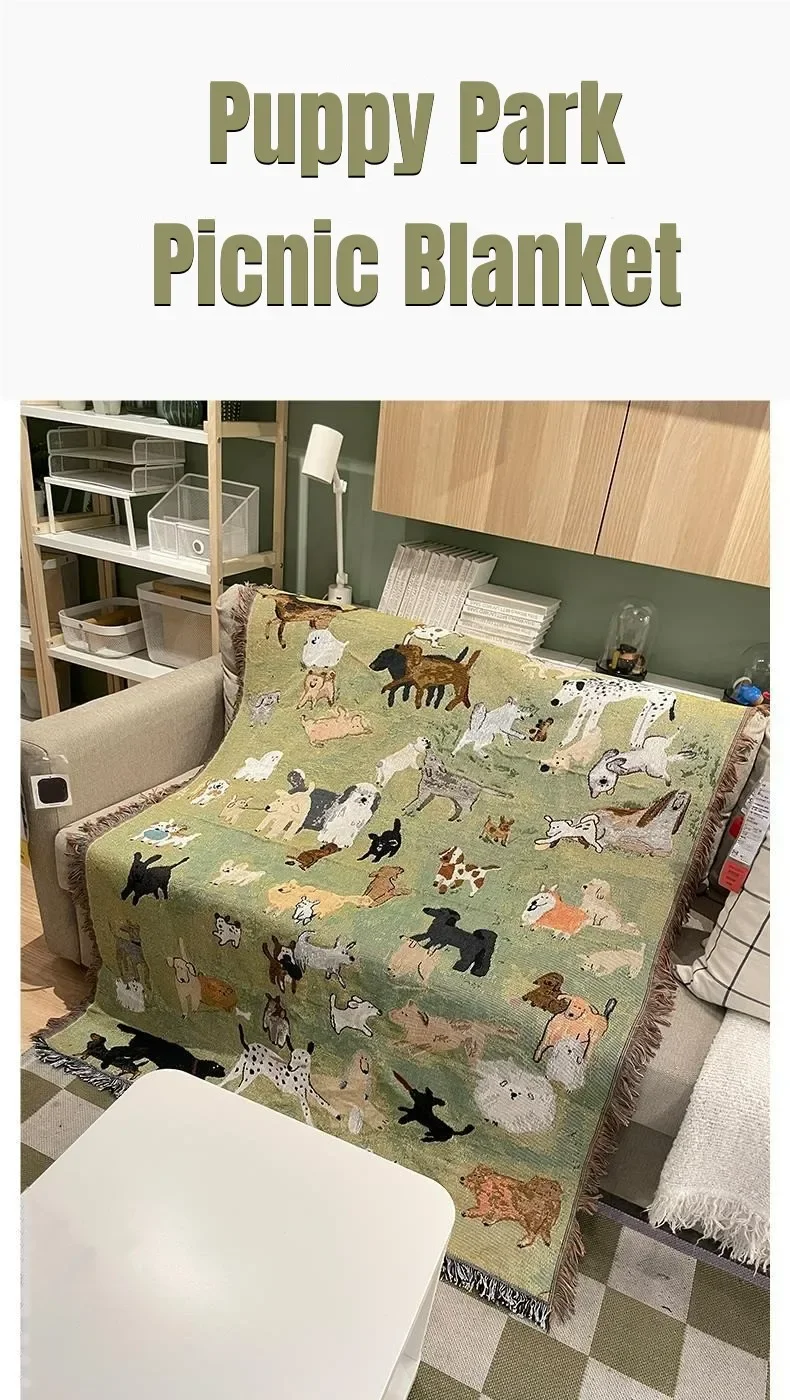 Description Picture 2 of itemCute Animal Blanket Outdoor Camping Picnic Mat American Vintage Puppy Park Throw Blankets for Bed Room Decor Tapestry Sofa Cover
