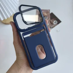 Luxury Card Holder Wallet with Photo Pocket and Lens Bracket - Matte Finish Phone Case - iPhone 15 Plus (Dark Blue)