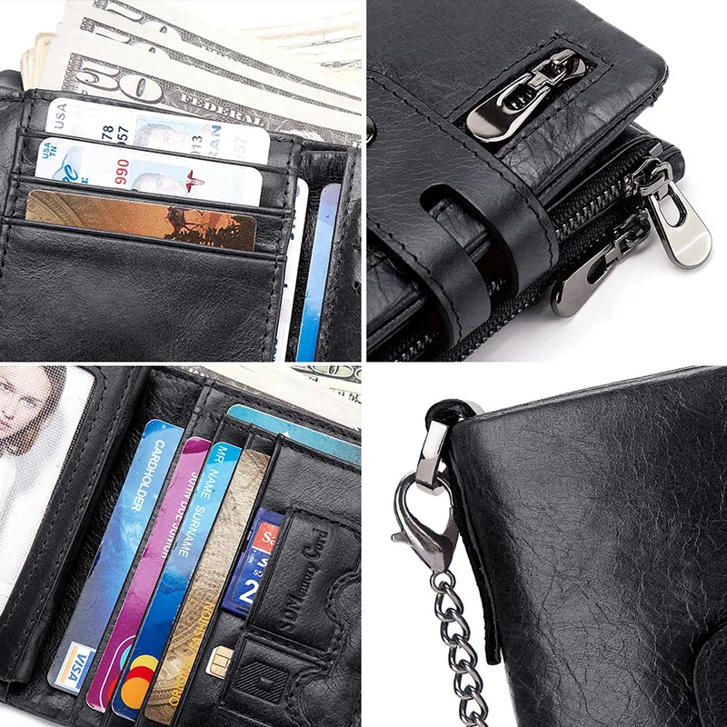 LAREET Portafoglio in vera pelle al 100% con pelle bovina per uomo Porta carte di denaro Borsa RFID Tasca portamonete corta con doppia cerniera Bifold maschile - immagine 6