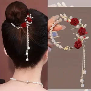 Elegantly Crafted Rose Hair Clip with Faux Pearls & Rhinestone Tassel - Single Mixed Color Ponytail Accessory