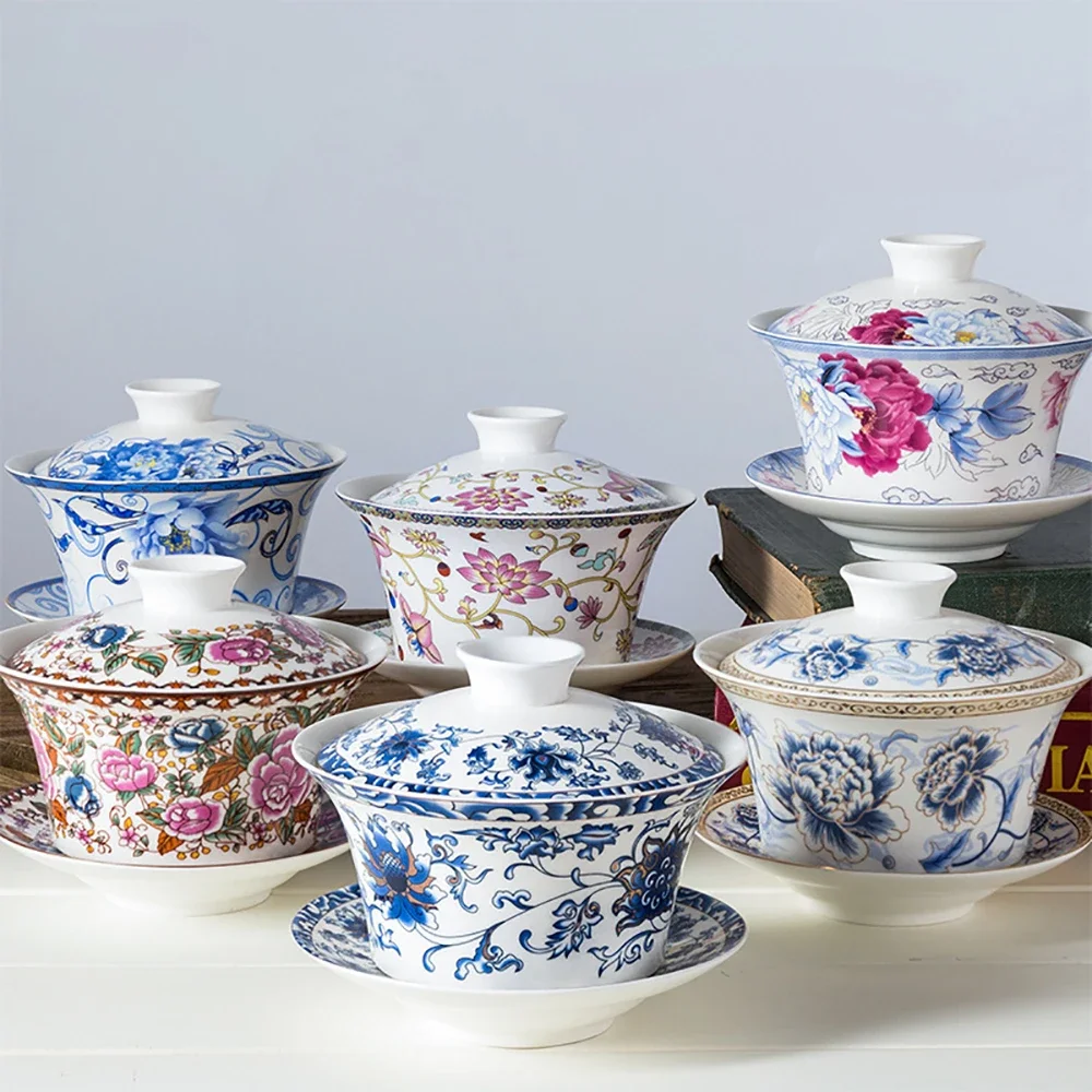 350ml Large Capacity Ceramics Gaiwan Porcelain Gaiwan Tea Cover Bowl Japanese Te Cup Soup Tureen Gai Wan Chinese Tea Cups Puer tea set