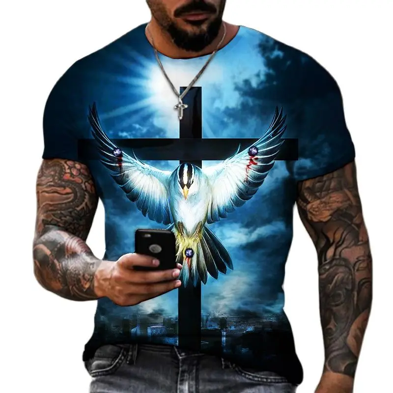 

Jesus Pattern T Shirt For Men Cross Print Vintage T-Shirts Catholicism Harajuku Short Sleeve Tops Leisure O-neck Oversized Tees