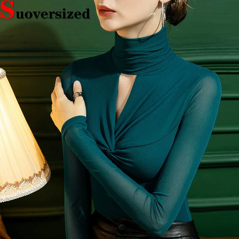 

Футболка женская облегающая с длинным рукавом, базовая эластичная сетчатая рубашка с высоким воротником, повседневный Топ оверсайз 4xl