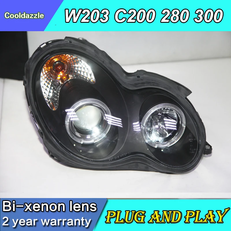 For Benz 2000-2007 Year W203 C63 C200 C230 C280 C300 LED Angel Eyes Car Head Lights Black Housing SN