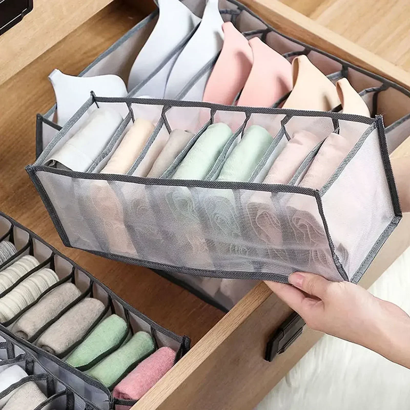 6/7/11grids Foldable Underwear Underwear Socks Organizer with Dividers Clothes Storage Box Breathable Mesh Bag for Wardrobe