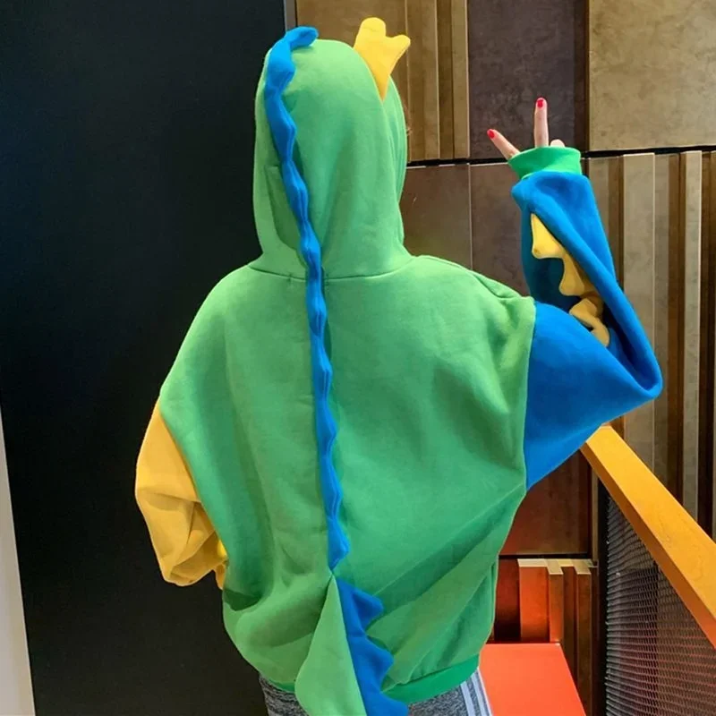 Women's Autumn Winter Sweet Cute Dinosaur Velvet Cashmere Hooded Hoodies 2023 Female Sweatshirts Pullover New Personality Jumper