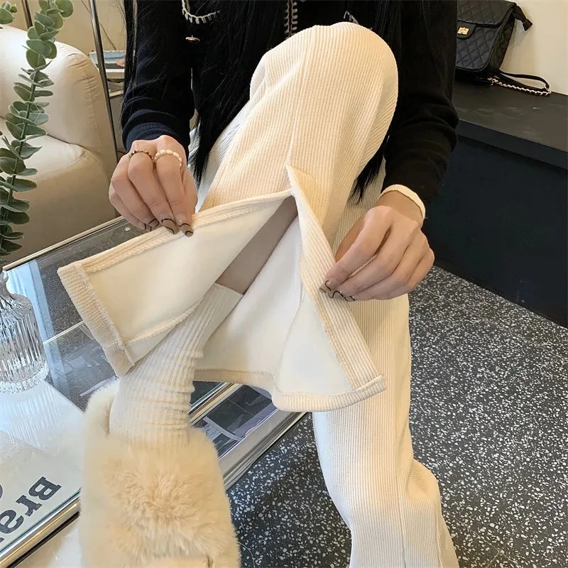 

Split Micro Flared Pants Womens 2022 Autumn Winter High Waist Loose Casual Trousers Women Drape Thick Straight Wide-leg Pants