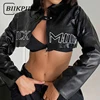 BIIKPIIK Motorcycle Fashion Zipper Super-short Leather Jackets Punk Letter Turndown Collar Long Sleeve Black Women Coats Vintage