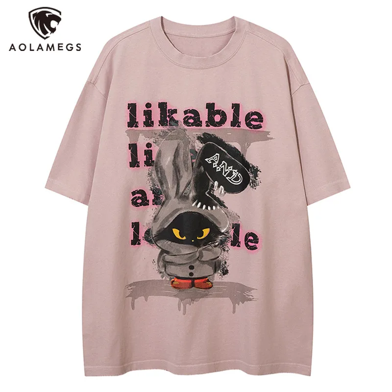 

Aolamegs Men T Shirts Y2K Streetwear Cartoon Rabbit Short Sleeve T Shirt High Street Fashion Couple Tees Casual Loose Tops