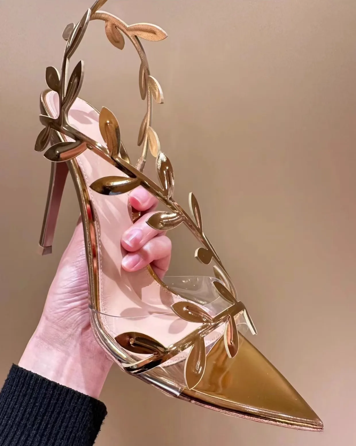 

Pointed Open Toe Back Strap Gold Sandals Stiletto Leaf Embellished High Heels Versatile Fairy Strappy Transparent Women Shoes