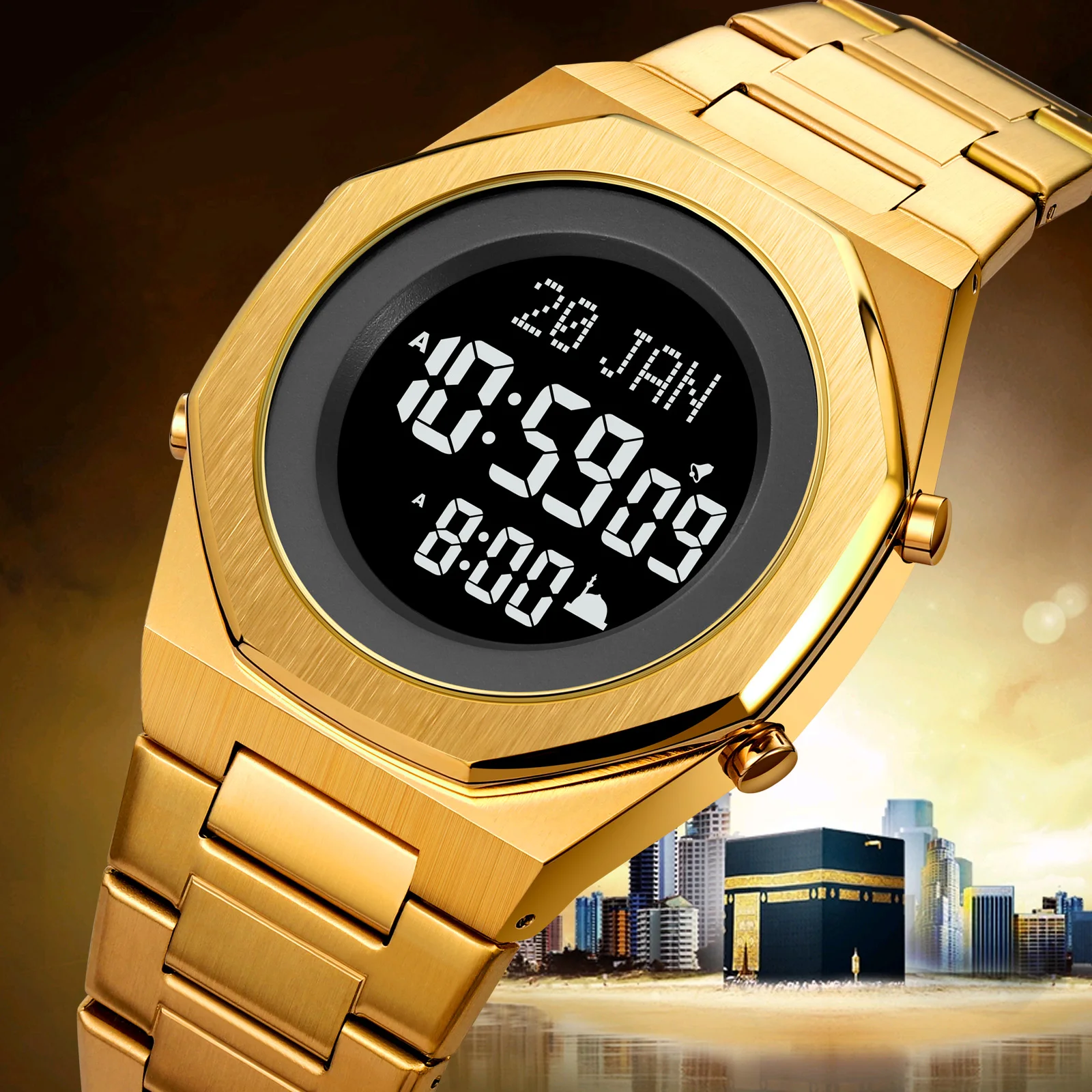 Фото Мужские часы SKMEI 2069 с компасом Qibla, мусульманские часы Azan, мужские часы, мужские деловые часы из стали, мужские наручные часы Hijri, исламские мужские часы №2