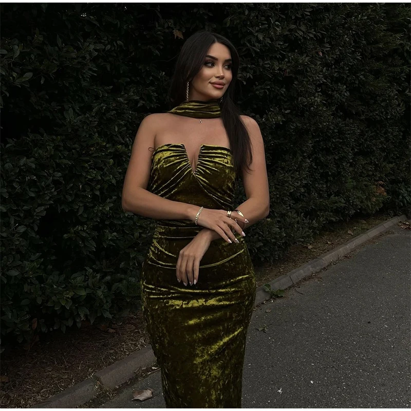 Elegant Halter Velvet Midi Dresses Women Backless Pleated Zipper Green Party Dress Female 2025 Spring Summer Lady Slim Fit Robes