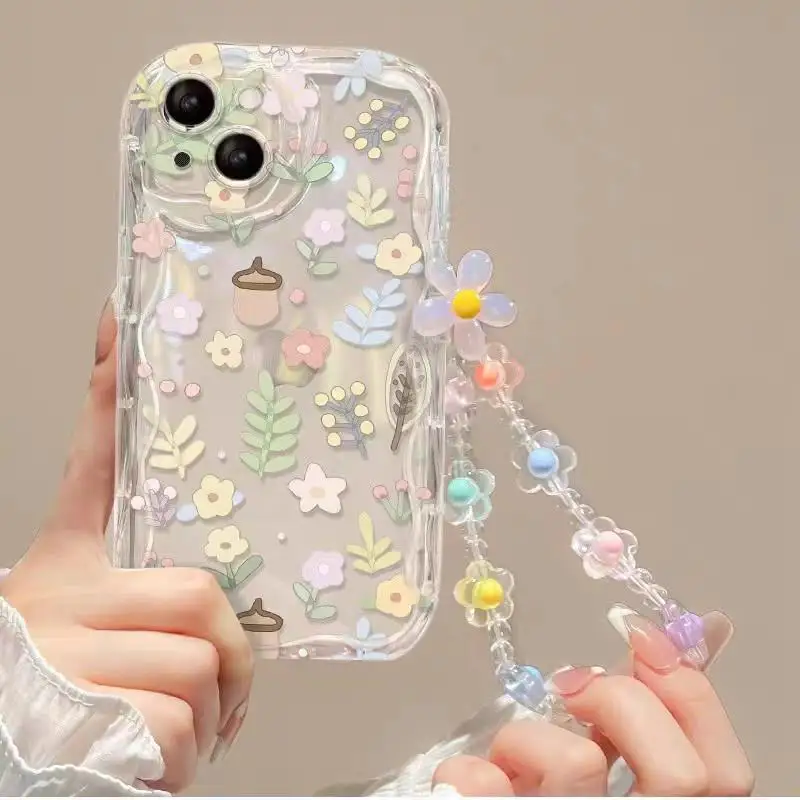 Pink Floral Chain Phone Case - Clear TPU Cover