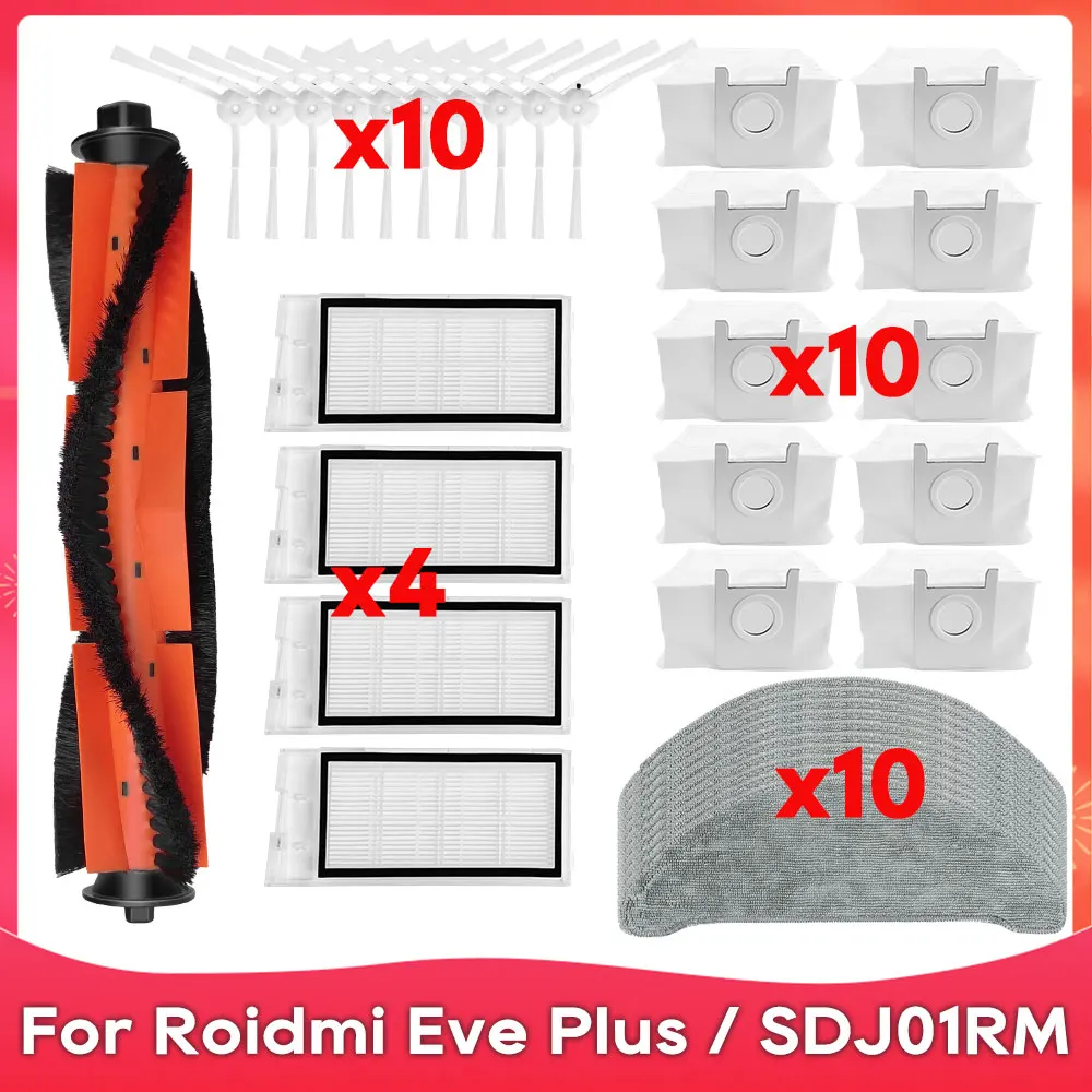 Replacement Kit Accessories Robot Vacuum Cleaner Accessories Fit For Roidmi Eve Plus / SDJ01RM Roller Side Brush Hepa Filter Mop Colths Dust Bag Robot Vacuum Cleaner Spare Parts Accessories